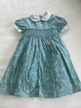 Bella Bliss Smocked Floral Teal Peter Pan Collar Dress
